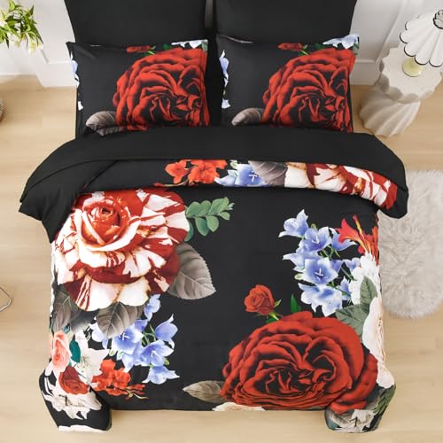 Drucon Queen Comforter Set - 7 Pieces Floral Black Soft Bedding Sets, Queen Bed in a Bag with Botanical Red Flowers Comforter, Sheets, Pillowcases & Shams - Image 3