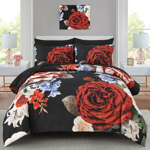 Drucon Queen Comforter Set - 7 Pieces Floral Black Soft Bedding Sets, Queen Bed in a Bag with Botanical Red Flowers Comforter, Sheets, Pillowcases & Shams - Image 1