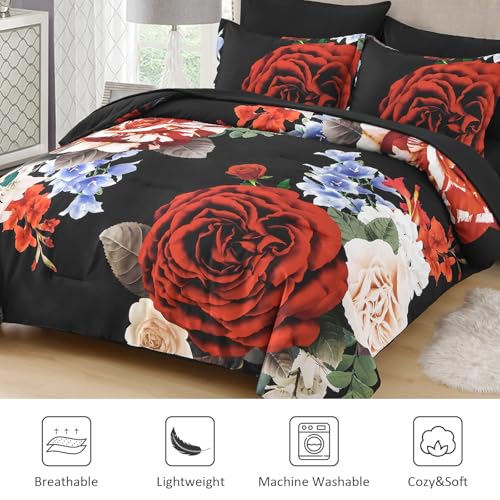 Drucon Queen Comforter Set - 7 Pieces Floral Black Soft Bedding Sets, Queen Bed in a Bag with Botanical Red Flowers Comforter, Sheets, Pillowcases & Shams - Image 2