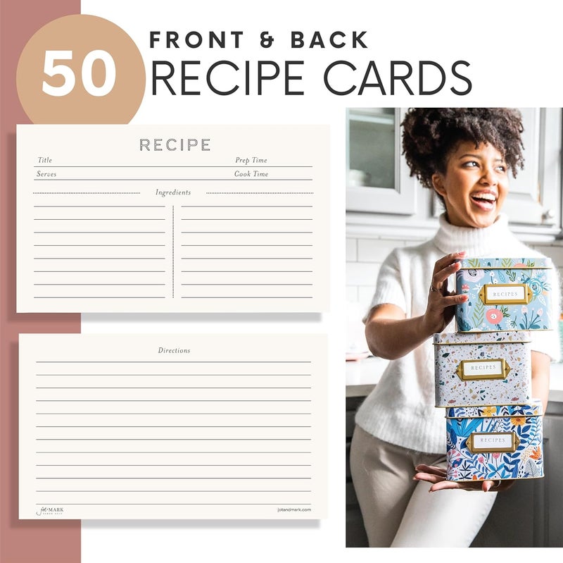 Jot  Mark Recipe Card Gift Box, 25 4x6 inch Cards, 14 Dividers, Decorative Tin Box - Image 5