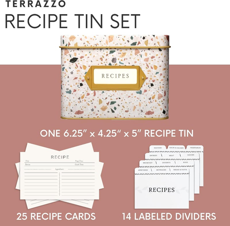 Jot  Mark Recipe Card Gift Box, 25 4x6 inch Cards, 14 Dividers, Decorative Tin Box - Image 3