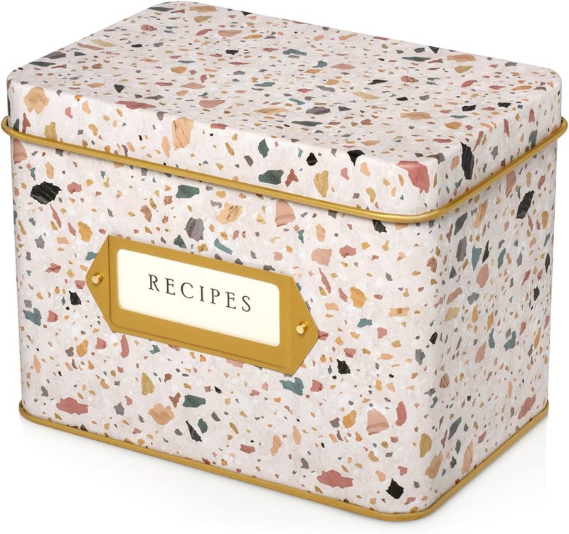 Jot  Mark Recipe Card Gift Box, 25 4x6 inch Cards, 14 Dividers, Decorative Tin Box - Image 1