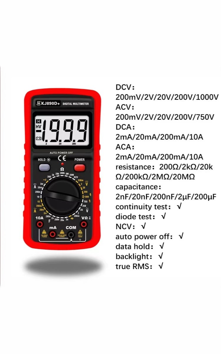 kashemano Digital multimeter, 1000V, 10A, AC/DC, Black/Red,Digital Display 1999 - Image 2