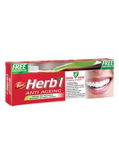 Dabur Herbal Anti-Ageing Natural Red Toothpaste | Enriched With Calcium, Ginger & Red Ochre Tree | For Healthy Gums & Strong Teeth - 150g + Toothbrush