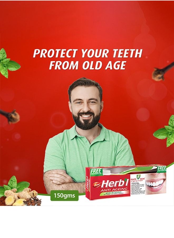 Dabur - Dabur Herbal Anti-Ageing Natural Red Toothpaste | Enriched With Calcium, Ginger & Red Ochre Tree | For Healthy Gums & Strong Teeth - 150g + Toothbrush - Image 1