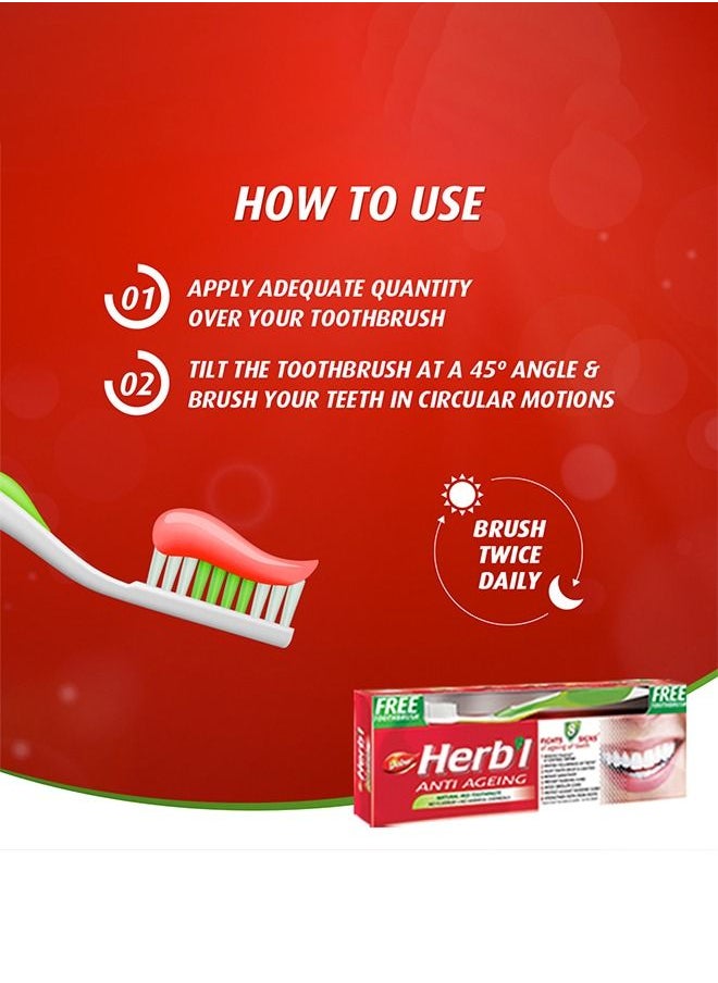 Dabur - Dabur Herbal Anti-Ageing Natural Red Toothpaste | Enriched With Calcium, Ginger & Red Ochre Tree | For Healthy Gums & Strong Teeth - 150g + Toothbrush - Image 1