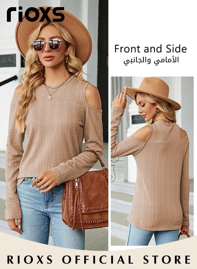 ريوكس قمصان نسائية بأكمام طويلة وكتفين مكشوفين، تي شيرت كاجوال فضفاض برقبة مستديرة، بلوزات ناعمة ومريحة بألوان صلبة، بلوزة ربيعية خريفية قابلة للتنفس للاستخدام اليومي، للعمل، للخروج، للعطلات، للإجازات، للترفيه والمزيد، كاكي - Image 3