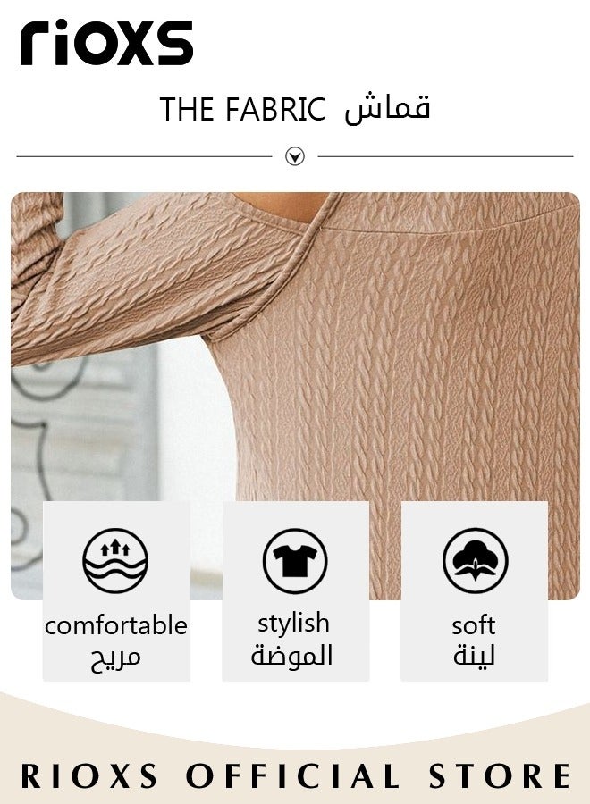 ريوكس قمصان نسائية بأكمام طويلة وكتفين مكشوفين، تي شيرت كاجوال فضفاض برقبة مستديرة، بلوزات ناعمة ومريحة بألوان صلبة، بلوزة ربيعية خريفية قابلة للتنفس للاستخدام اليومي، للعمل، للخروج، للعطلات، للإجازات، للترفيه والمزيد، كاكي - Image 4