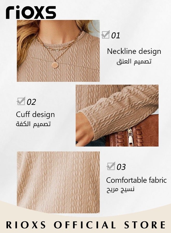 ريوكس قمصان نسائية بأكمام طويلة وكتفين مكشوفين، تي شيرت كاجوال فضفاض برقبة مستديرة، بلوزات ناعمة ومريحة بألوان صلبة، بلوزة ربيعية خريفية قابلة للتنفس للاستخدام اليومي، للعمل، للخروج، للعطلات، للإجازات، للترفيه والمزيد، كاكي - Image 5