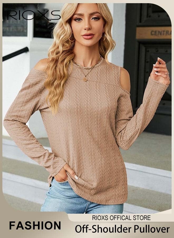 ريوكس قمصان نسائية بأكمام طويلة وكتفين مكشوفين، تي شيرت كاجوال فضفاض برقبة مستديرة، بلوزات ناعمة ومريحة بألوان صلبة، بلوزة ربيعية خريفية قابلة للتنفس للاستخدام اليومي، للعمل، للخروج، للعطلات، للإجازات، للترفيه والمزيد، كاكي - Image 2