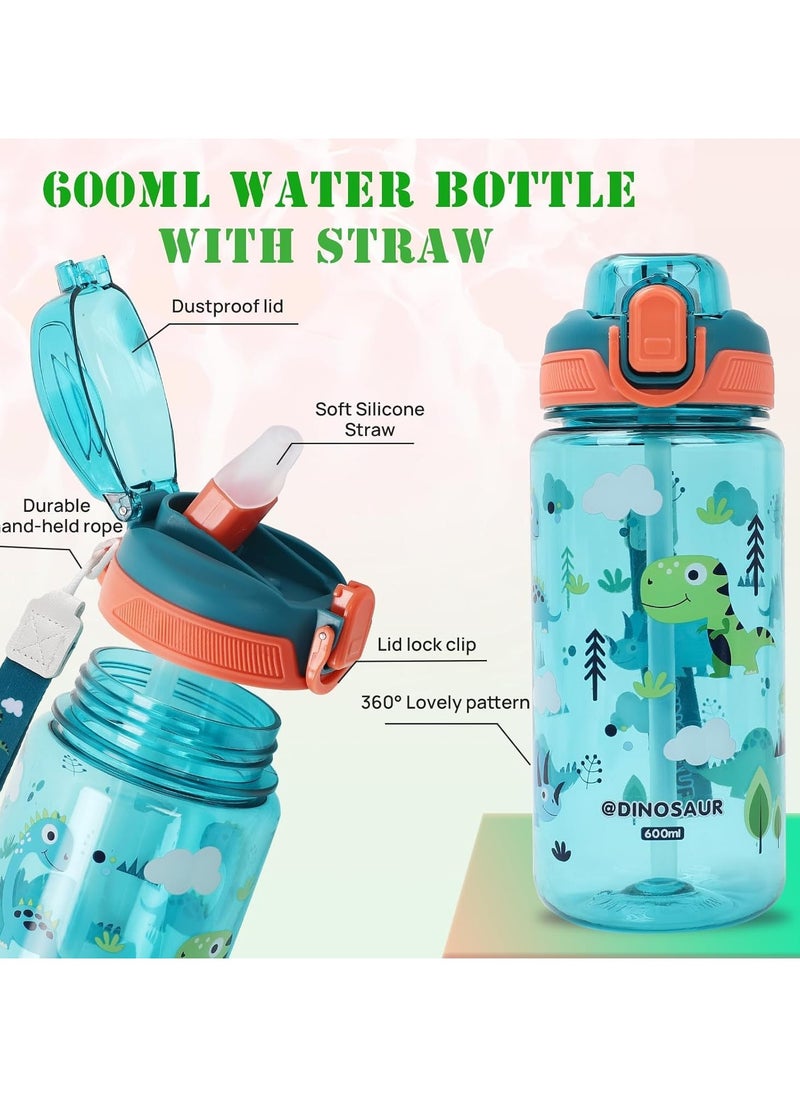 Kids Water Bottles With Straw,600ml Toddler Drinks Bottle for School,Leakproof Children's Bottle BPA free Sport Bottle for Girls Boys (Green)