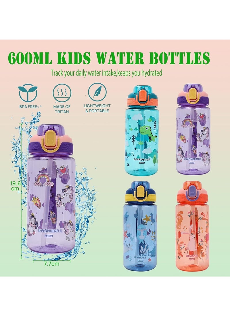 Kids Water Bottles With Straw,600ml Toddler Drinks Bottle for School,Leakproof Children's Bottle BPA free Sport Bottle for Girls Boys (Green)