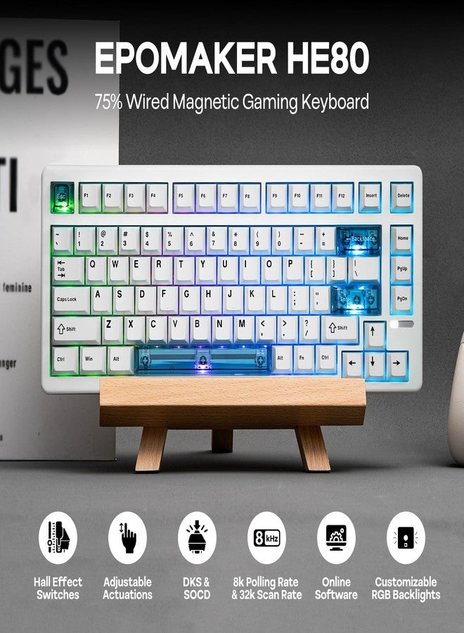 ابوماكر لوحة مفاتيح الألعاب EPOMAKER HE80 بتقنية تأثير هول، معدل استطلاع 8K ومسح 32K، حشية كريمية، DKS، SOCD، قابلة للتبديل السريع، إضاءة خلفية RGB، لوحة مفاتيح ألعاب سلكية لأجهزة الكمبيوتر الشخصية وأجهزة ماك (أبيض) - Image 2