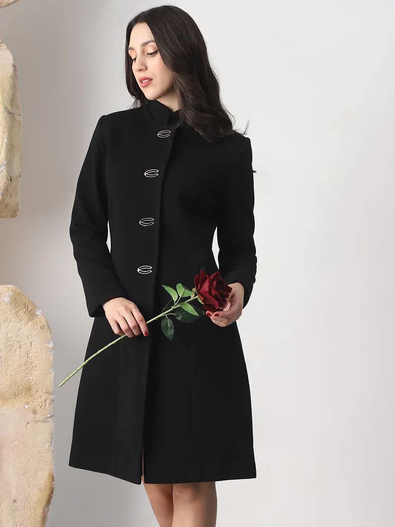 Globus Women Black Mock Neck Long Sleeves Self Design Winter Wear Overcoat