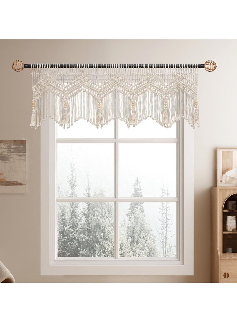 Boho Macrame Valance for Windows, Textured Cotton Kitchen Curtain, Bedroom and Living Room Wall Decor, 52 x 21 Panel - Image 1