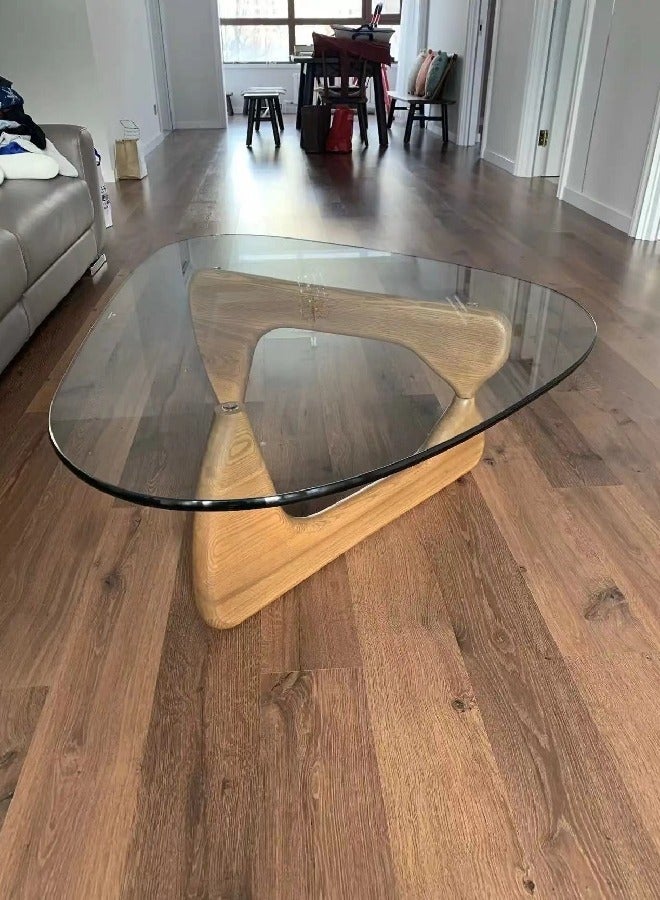 فاشون هوم منتصف القرن مجردة تصميم طاولة القهوة الحديثة مع إطار الخشب الصلب طاولة جانبية مثلثة صغيرة مع سطح زجاجي شفاف طاولة مركزية عتيقة لشرفة فناء غرفة المعيشة 91x65x40 سم - Image 3