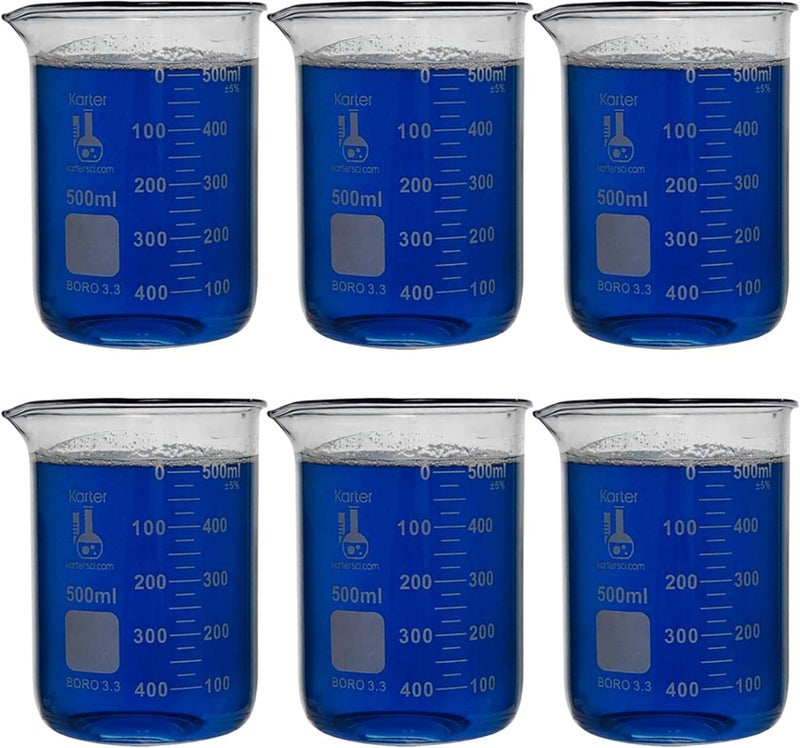 Karter Scientific 500ml Low Form Griffin Beaker Set - Borosilicate 3.3 Glass, Double Scale, Graduated (Pack of 6) - Image 1