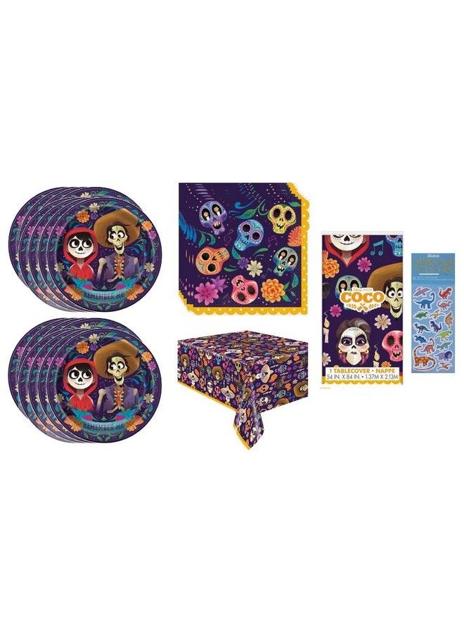 Unique - Coco Party Supplies Bundle Pack Includes 16 Lunch Plates 16 Napkins 1 Table Cover 1 Dinosaur Sticker Sheet (Bundle For 16) - Image 1