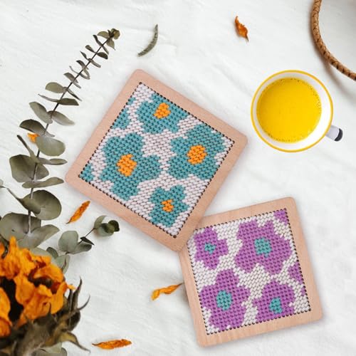 Yushen 4Pcs Flower Coaster Needlepoint Kit for Adult Cross Stitch Kits DIY Adults Needlepoint Embroidery Starter Set with Patterns Embroidery Needles Threads Crafts (Flower) - Image 2