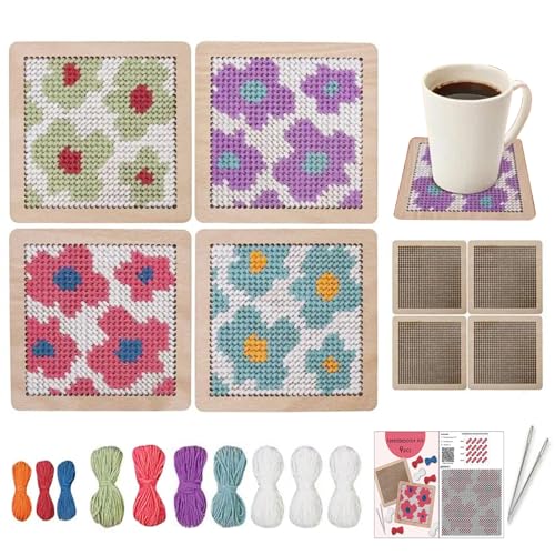 Yushen 4Pcs Flower Coaster Needlepoint Kit for Adult Cross Stitch Kits DIY Adults Needlepoint Embroidery Starter Set with Patterns Embroidery Needles Threads Crafts (Flower) - Image 1