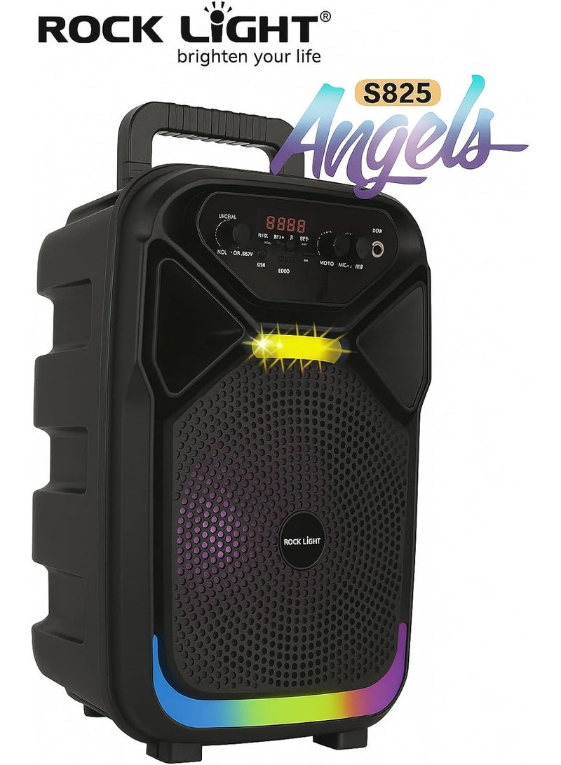 ROCK LIGHT سماعة بلوتوث محمولة S825، 8 إنش، ميكروفون لاسلكي، أضواء ديسكو RGB، راديو FM، جهاز تحكم عن بعد، سماعة حفلات قابلة لإعادة الشحن - Image 4