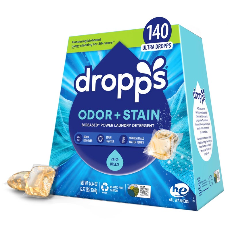 Dropps Odor Stain Biobased Power Laundry Detergent Pods Crisp Breeze 140 Pods HE Compatible Laundry Pods for Fresh Clothes Laundry Soap Supplies Recyclable Paperboard Packaging