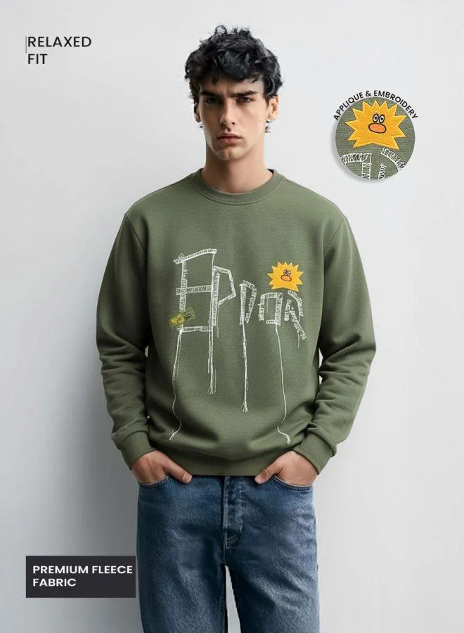 The Indian Garage Co Men Relaxed Fit Embroidered Crew Neck Full Sleeves Sweatshirt