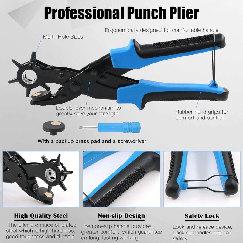 Glarks Adjustable Leather Hole Punch Pliers with Single Cap Leather Rivets Set Free Scissor & Ruler & Awl Tool for Belt, Watch Bands, Saddle, Shoes - Image 4