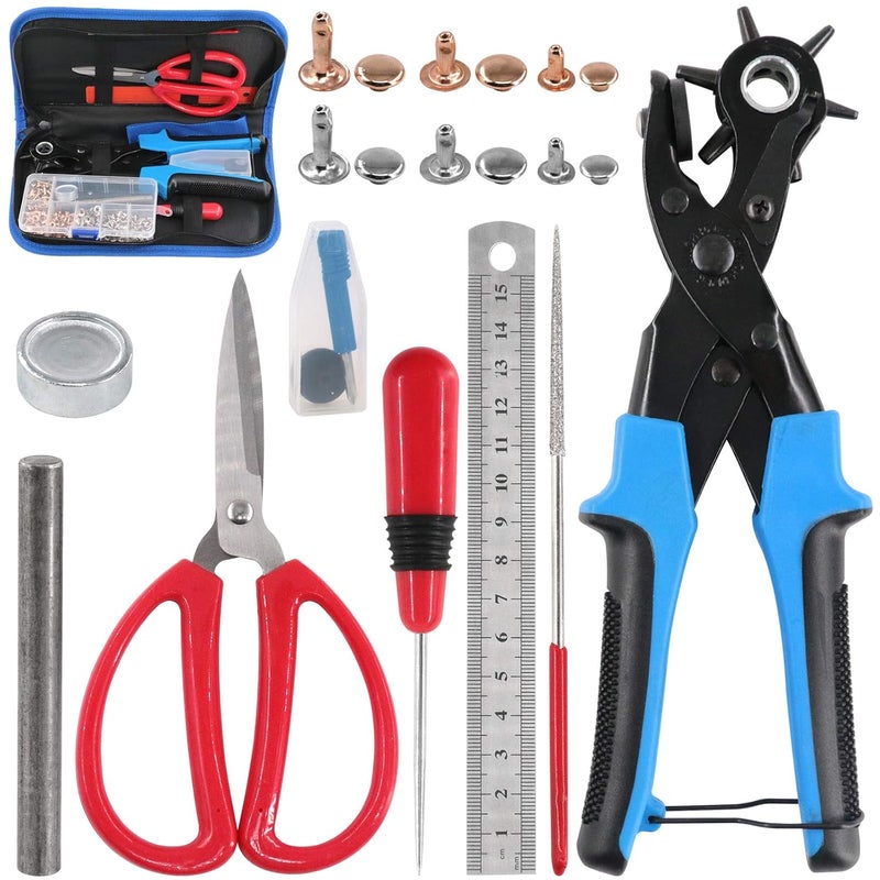 Glarks Adjustable Leather Hole Punch Pliers with Single Cap Leather Rivets Set Free Scissor & Ruler & Awl Tool for Belt, Watch Bands, Saddle, Shoes - Image 1