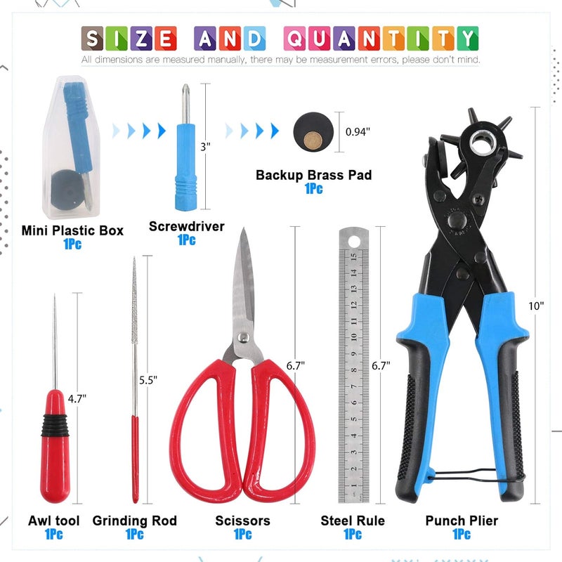 Glarks Adjustable Leather Hole Punch Pliers with Single Cap Leather Rivets Set Free Scissor & Ruler & Awl Tool for Belt, Watch Bands, Saddle, Shoes - Image 2