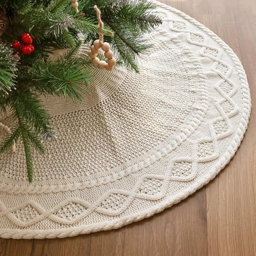 36 inch Christmas Tree Skirt Pencil Tree Skirt for 6ft Tree Diamond Edge Knit Cream White Small Tree Skirt Vintage Tree Skirts Rustic Farmhouse Christmas Decorations