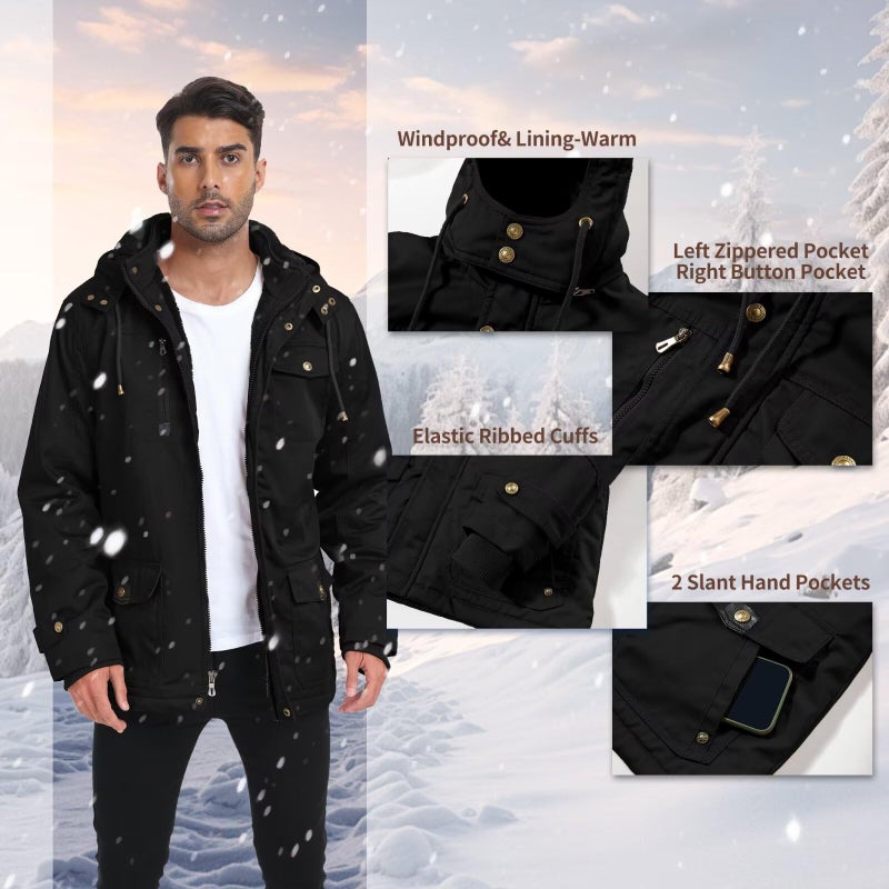 Dr.Cyril Men's Thick Winter Jackets Fleece Lined Thick Jackets Hood Work Jackets Coat Cotton Military with Cargo Pockets - Image 5