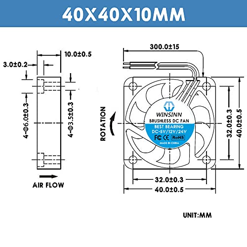 WINSINN 40mm 24V Fan - Hydraulic Bearing 5000 RPM 4010 Cooling Fan Replacement for 3D Printer Ender 3/CR-10, 30cm Cable with XH2.54-2PIN, Brushless 40x10mm (5Pcs) - Image 2
