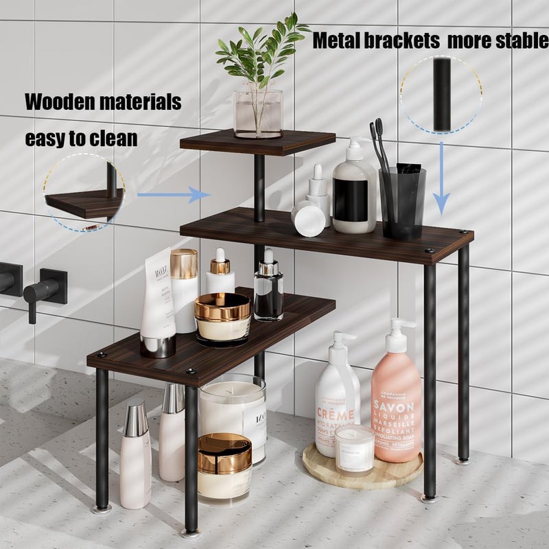 Dazioter Countertop Organizer Organization 3 Tier Kitchen Corner Shelves Adjustable Spice Storage Rack for Bathroom Coffee Area Over Sink (Black Oak) - Image 3