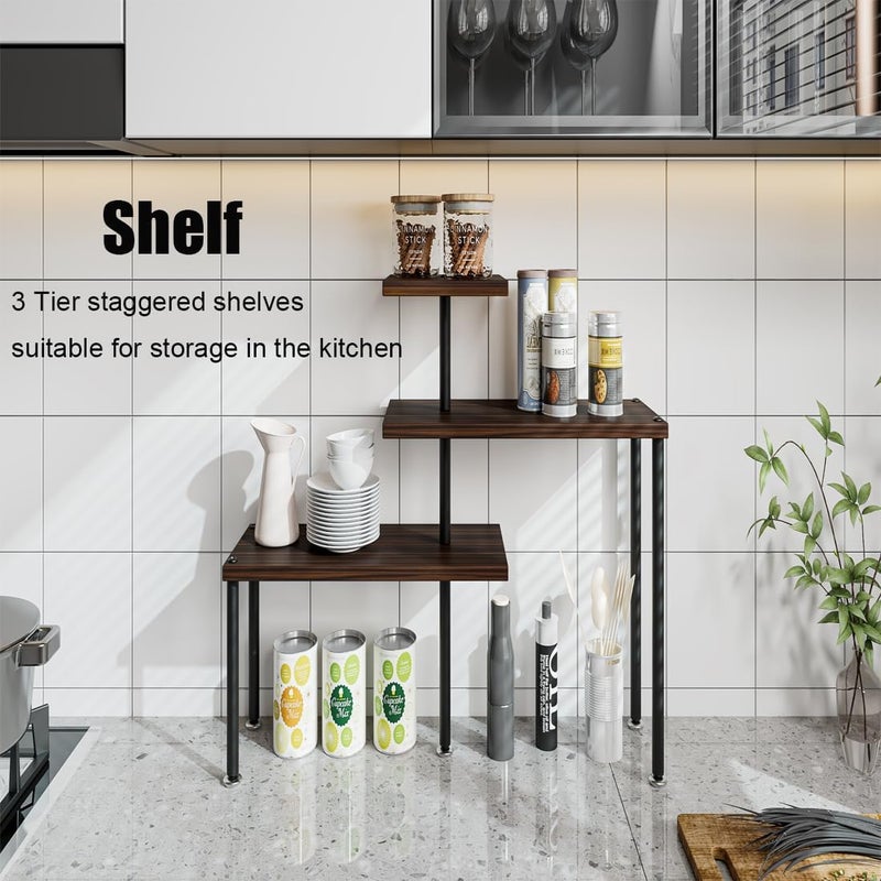 Dazioter Countertop Organizer Organization 3 Tier Kitchen Corner Shelves Adjustable Spice Storage Rack for Bathroom Coffee Area Over Sink (Black Oak) - Image 2