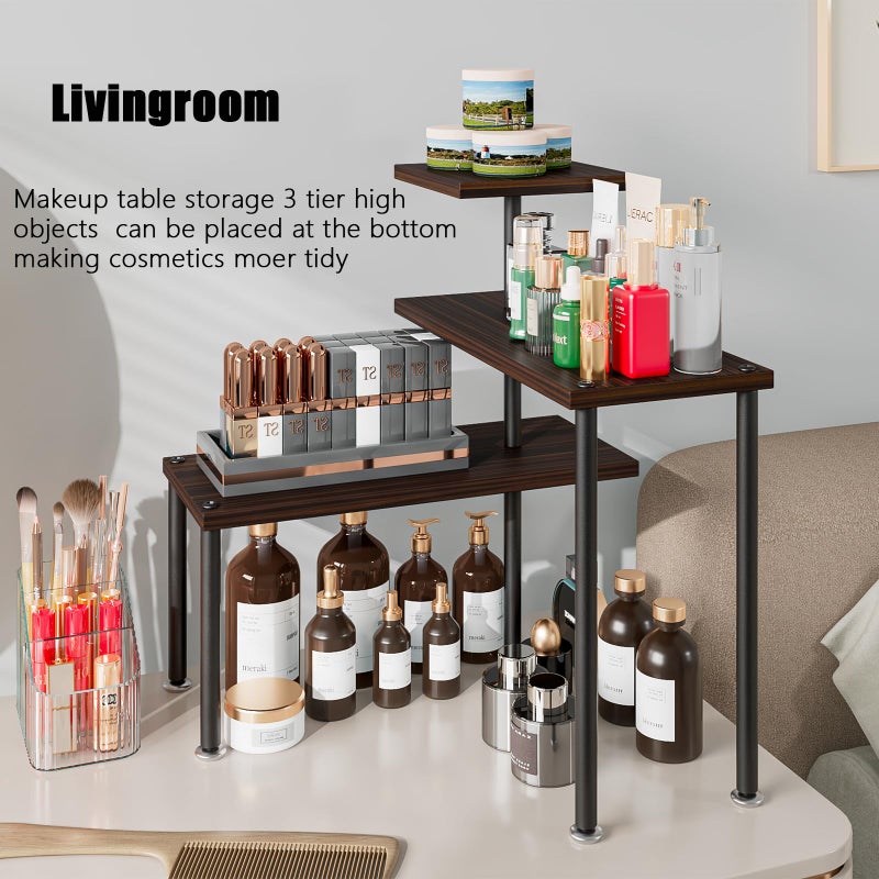 Dazioter Countertop Organizer Organization 3 Tier Kitchen Corner Shelves Adjustable Spice Storage Rack for Bathroom Coffee Area Over Sink (Black Oak) - Image 4