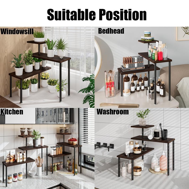 Dazioter Countertop Organizer Organization 3 Tier Kitchen Corner Shelves Adjustable Spice Storage Rack for Bathroom Coffee Area Over Sink (Black Oak) - Image 5