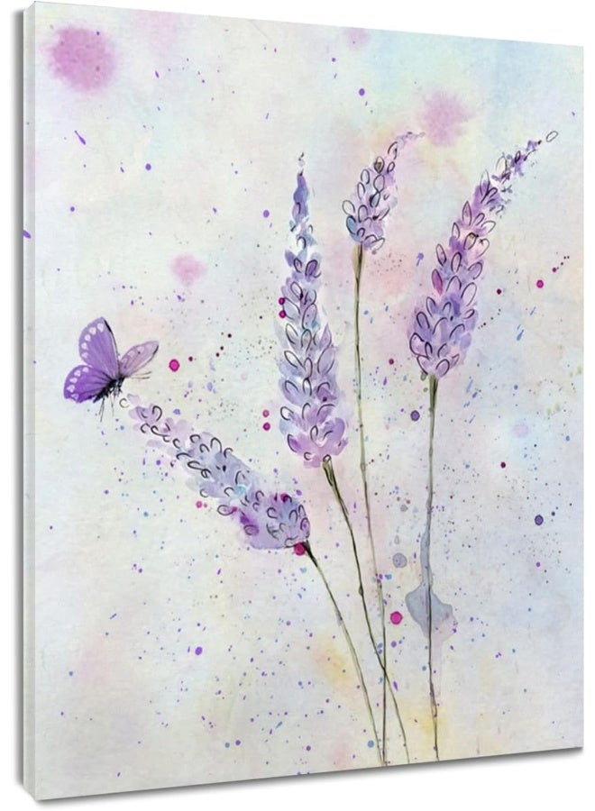HVEST Purple Lavender Wall Art Butterfly with Purple Flower Canvas Wall Art for Living Room - Image 1