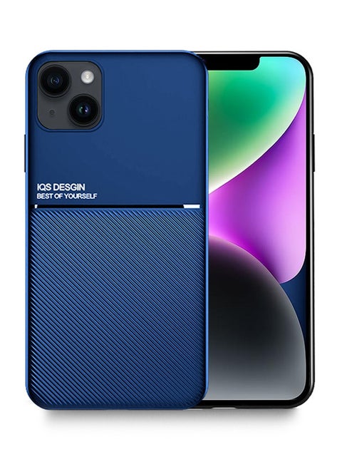 IQS Design Leather Texture Fiber Thin Case Cover with Built-in Magnetic Iron Piece Magnetic Holder For Apple iPhone 14 Blue