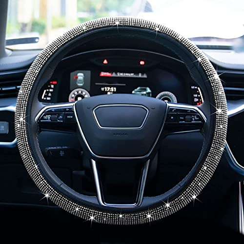 Limsas Bling Rhinestone Steering Wheel Cover with Crystal Diamond for Women, Sparkling Car Wheel Protector Universal Fit 14-15 inches - White - Image 2