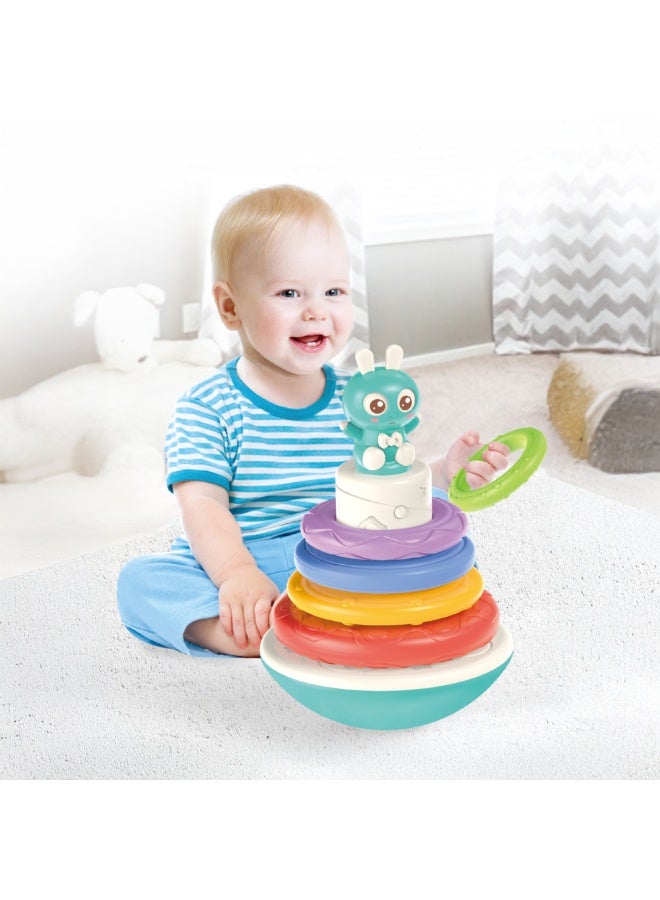 COGNIKIDS لعبة حلقات التكديس للأطفال – دمية أرنب متمايلة مع موسيقى وصوت وعيون متحركة | حلقات ملونة ذات قوام لتطوير المهارات الحركية | لعبة مونتيسوري للأطفال من عمر 6 أشهر وما فوق | خالية من BPA، 1 قطعة - Image 5