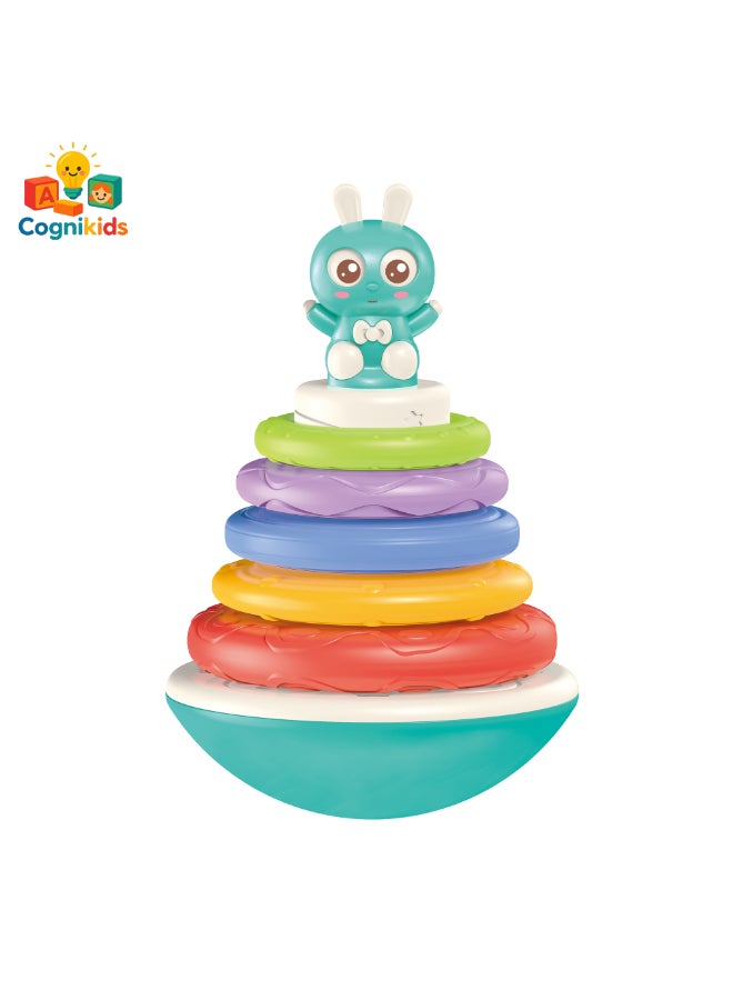 COGNIKIDS لعبة حلقات التكديس للأطفال – دمية أرنب متمايلة مع موسيقى وصوت وعيون متحركة | حلقات ملونة ذات قوام لتطوير المهارات الحركية | لعبة مونتيسوري للأطفال من عمر 6 أشهر وما فوق | خالية من BPA، 1 قطعة - Image 2