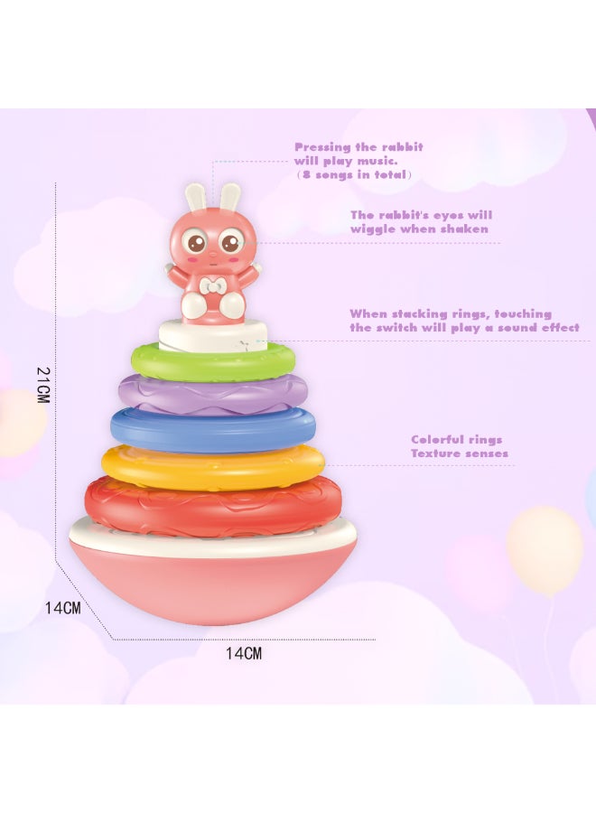 COGNIKIDS لعبة حلقات التكديس للأطفال – دمية أرنب متمايلة مع موسيقى وصوت وعيون متحركة | حلقات ملونة ذات قوام لتطوير المهارات الحركية | لعبة مونتيسوري للأطفال من عمر 6 أشهر وما فوق | خالية من BPA، 1 قطعة - Image 3