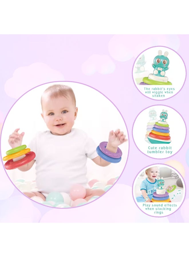 COGNIKIDS لعبة حلقات التكديس للأطفال – دمية أرنب متمايلة مع موسيقى وصوت وعيون متحركة | حلقات ملونة ذات قوام لتطوير المهارات الحركية | لعبة مونتيسوري للأطفال من عمر 6 أشهر وما فوق | خالية من BPA، 1 قطعة - Image 4