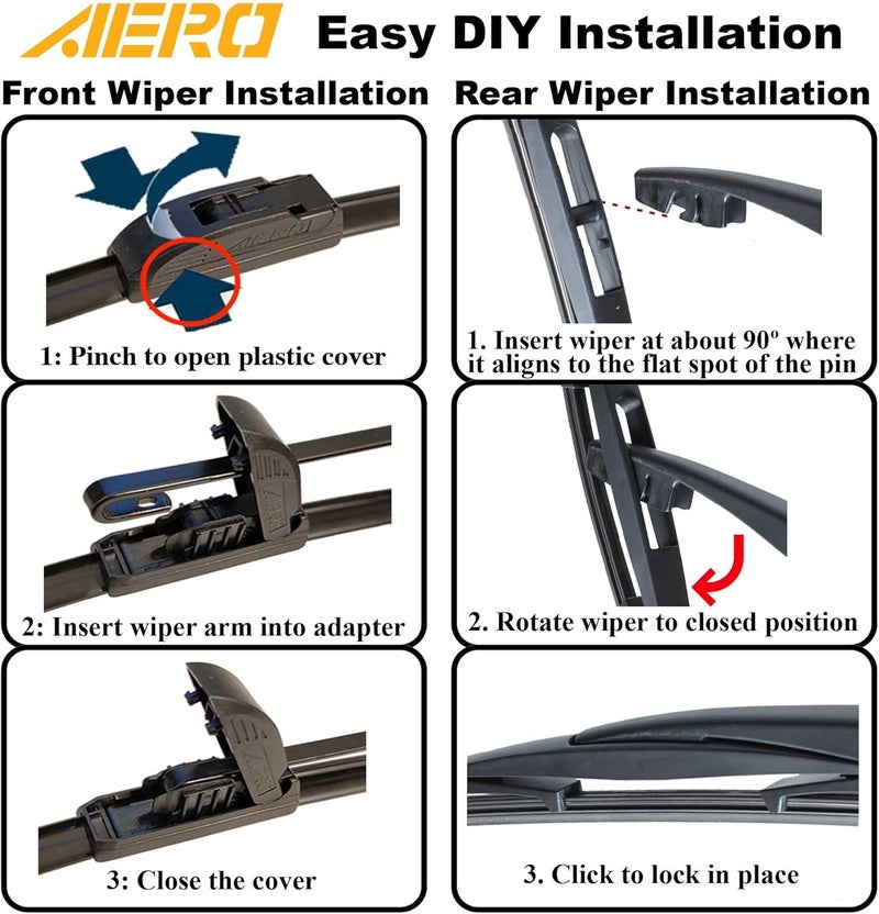 AERO Wipers Replacement for Honda CR-V CRV 2022 2021 2020 2019 2018 2017, 26"+17" Front + 12" Rear, Premium All-Season Windshield Wiper Blades with Extra Squeegee Refills + 1-Year Warranty (Set of 3) - Image 5