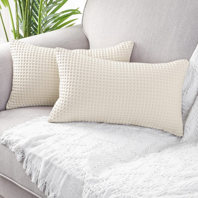 SET OF 2 LUMBAR WAFFLE TEXTURED DECORATIVE THROW PILLOW COVERS SOFT SOLID COTTON CUSHION CASES LUXURY PILLOWCASES FOR COUCH SOFA BED 12X20 INCHES BEIGE