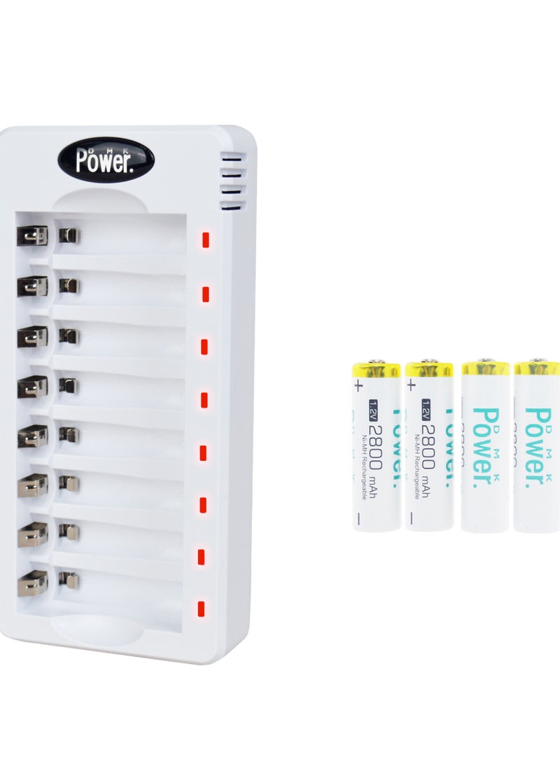 DMK Power DMK Power Rechargeable AA Batteries, 4 Pack of 2800mAh High Capacity Low Self Discharge Ni-MH Double A Batteries with Smart 8 Bay Battery Charger (USB Fast Charging, Independent Slot)- (TC-Q8+AAx4pcs) - Image 1