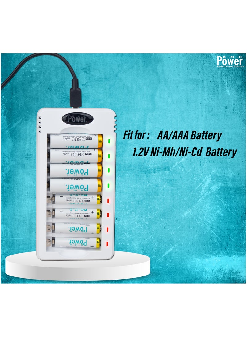 DMK Power DMK Power Rechargeable AA Batteries, 4 Pack of 2800mAh High Capacity Low Self Discharge Ni-MH Double A Batteries with Smart 8 Bay Battery Charger (USB Fast Charging, Independent Slot)- (TC-Q8+AAx4pcs) - Image 2
