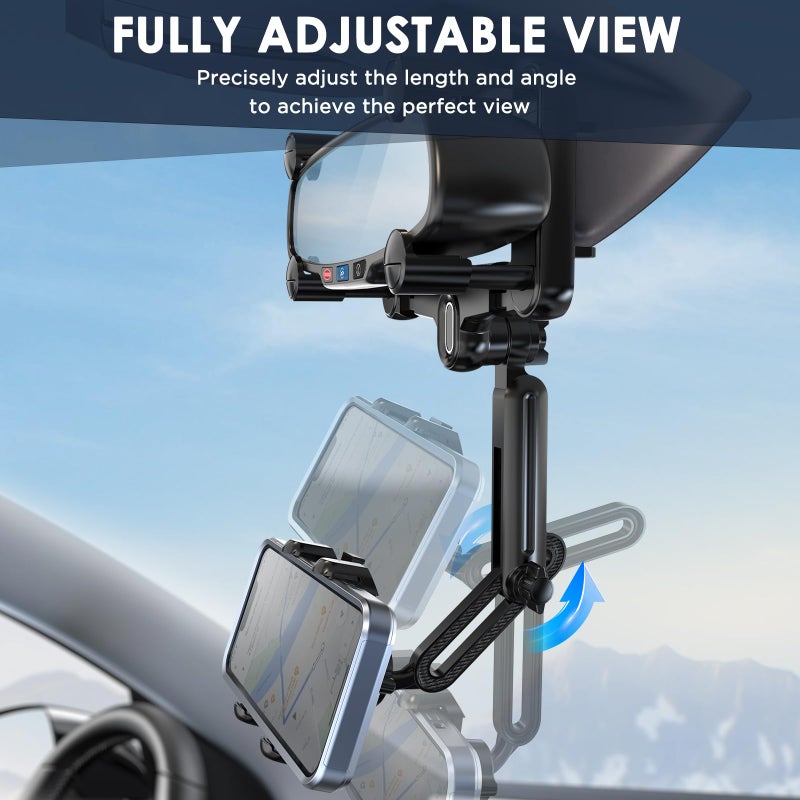 IPOW Large Rearview Mirror Phone Holder for Car 360Â°Rotatable and Retractable, 2024 Upgraded Four Corners Fixed Anti-Shake Multifunctional Design for Car Rearview Mirror with Button - Image 2