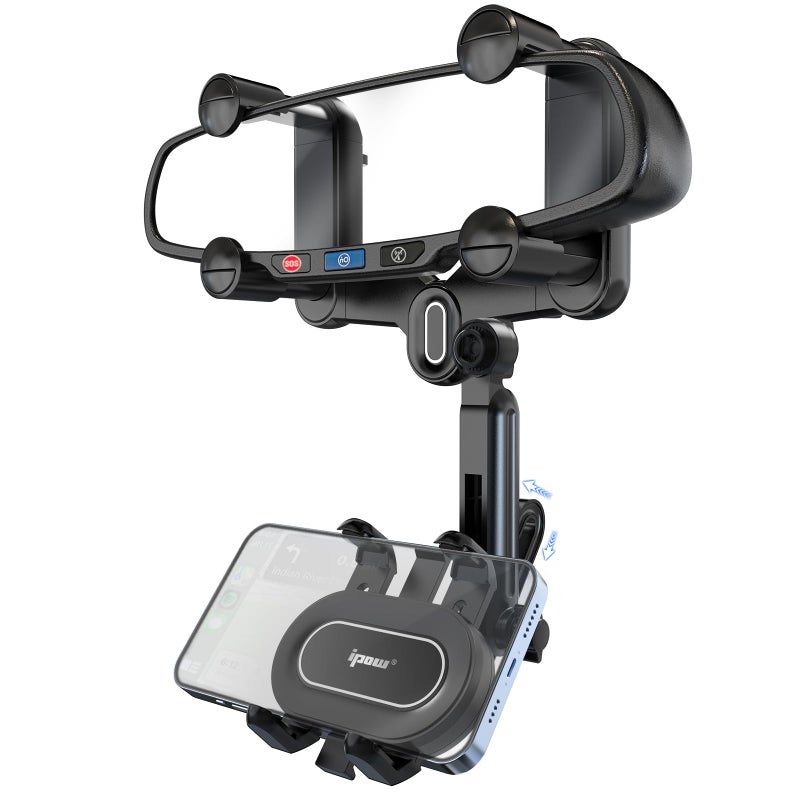 IPOW Large Rearview Mirror Phone Holder for Car 360Â°Rotatable and Retractable, 2024 Upgraded Four Corners Fixed Anti-Shake Multifunctional Design for Car Rearview Mirror with Button - Image 1